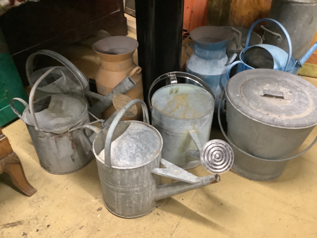 A quantity of assorted galvanised buckets and watering cans